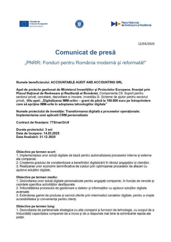 Comunicat de presa ACCOUNTABLE AUDIT AND ACCOUNTING SRL