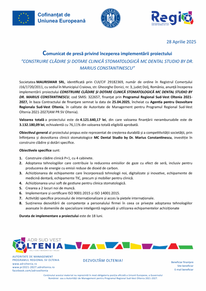 Comunicat de presă oficial în limba română care anunță începerea proiectului NU STERGE, Încărcare imagine Produs Test 1, cu logo-uri și date de contact finanțate de fonduri europene în partea de jos.