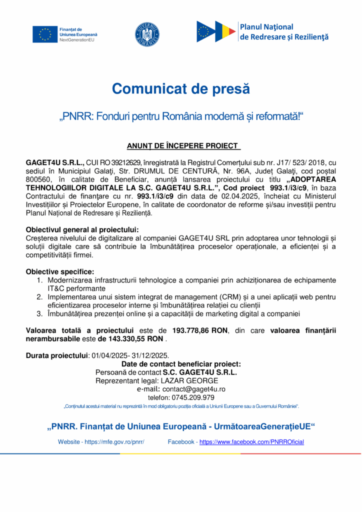 GAGET4U S.R.L. lansează un proiect digital finanțat de PNRR pentru Municipiul Galați, România, care include soluții digitale CRM și ERP cu Încărcare imagine Produs Test 1 NU STERGE.