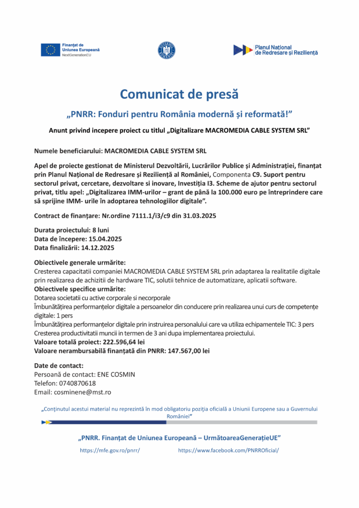 Comunicat de presă în română despre proiectul cu finanțare UE „Test Product 1 Image Upload NU STERGE”, incluzând obiective, suma finanțată, perioada de implementare și creșterea rezultatelor.