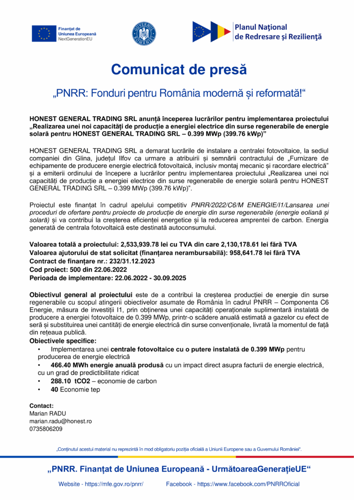 Un comunicat de presă românesc pentru Încărcarea imaginii Produsului de Test 1 NU STERGE, cu logo-uri oficiale, titluri și informații tehnice și financiare detaliate despre proiectele de energie solară finanțate de UE.