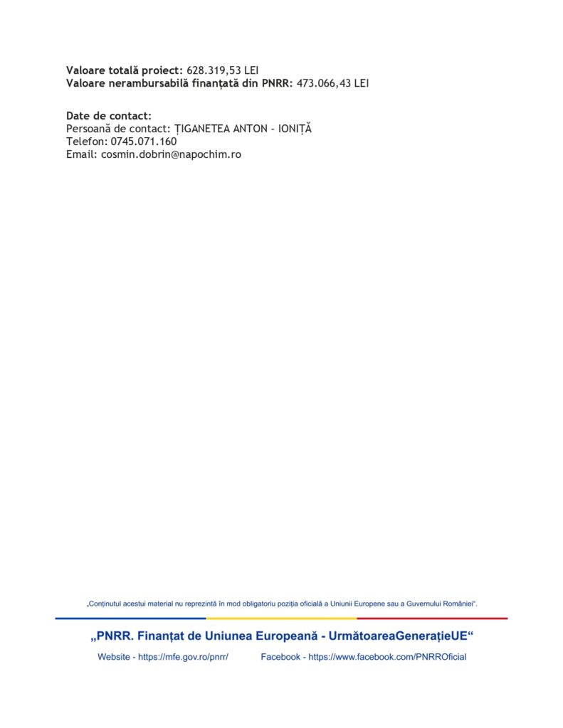 O pagină cu informații de contact care listează valoarea proiectului, datele persoanei de contact, adresa de e-mail și notificarea de finanțare, cu siglele și linkurile Uniunii Europene și PNRR în partea de jos.