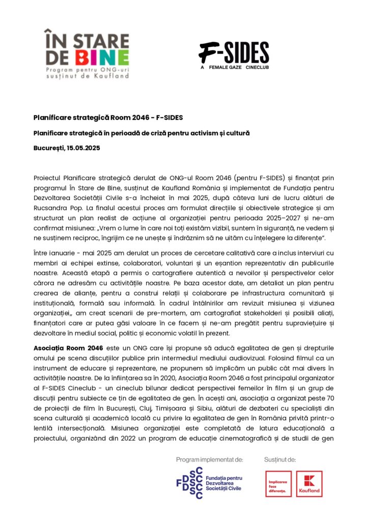 Un document românesc intitulat „Planificare strategică Camera 2046 – F-SIDES” cu sigle în partea de sus, text în paragrafe și sigle ale partenerilor în partea de jos.