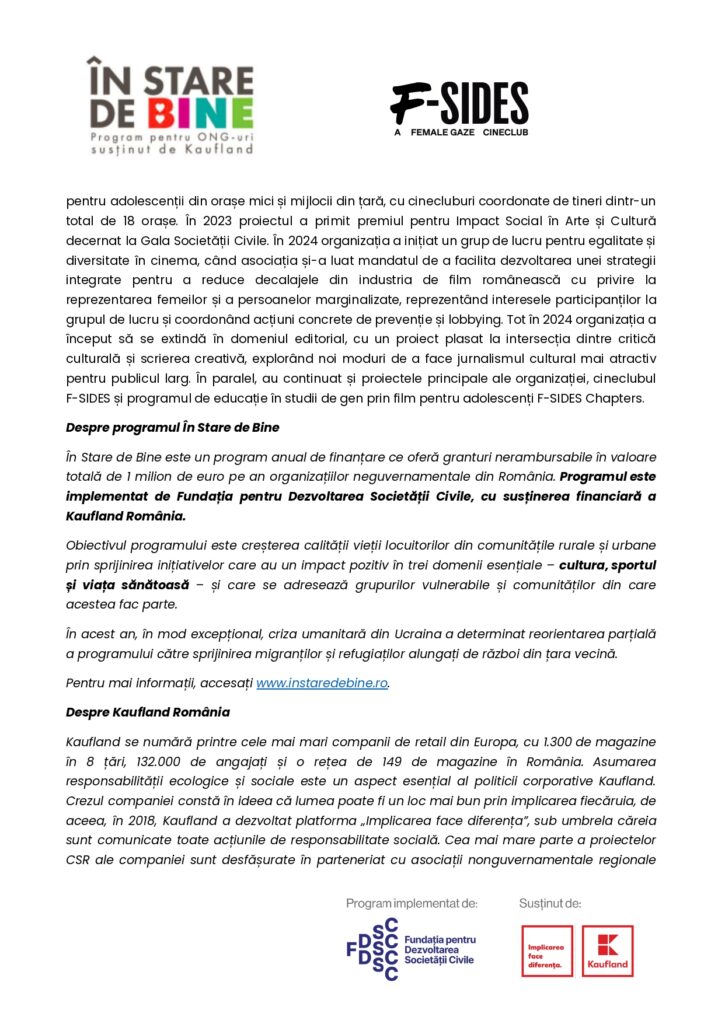 Un document care descrie obiectivele și recunoașterea programului „În Stare de Bine”, cu logo-uri și text în limba română, despre susținerea inițiativelor culturale și sociale pentru tineret.
