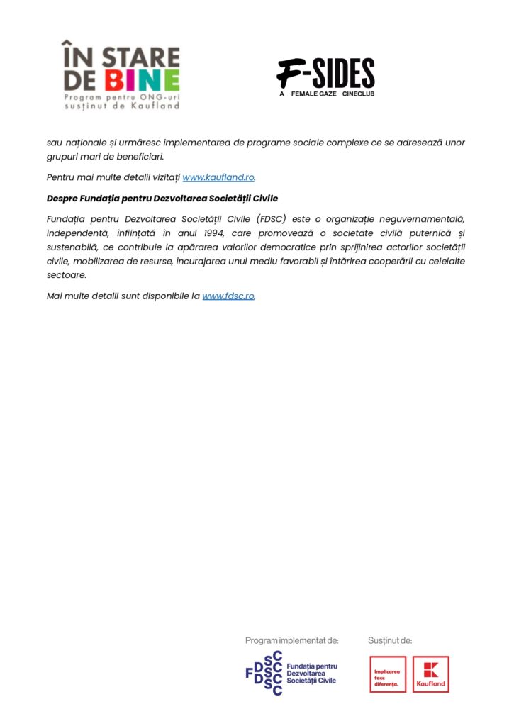 Un fluturaș informativ cu logo-uri pentru In Stare de Bine, F-Sides și Kaufland, care descrie activitatea Fundației pentru Dezvoltarea Societății Civile în limba română.