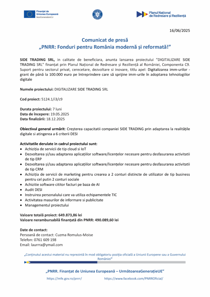 Comunicat de presă care anunță finanțarea proiectului de digitalizare al SIDE TRADING SRL, „Produs de testare 1 Încărcare imagine NU STERGE”, în cadrul Planului Național de Redresare și Reziliență al României, inclusiv detalii despre proiect și informații de contact.