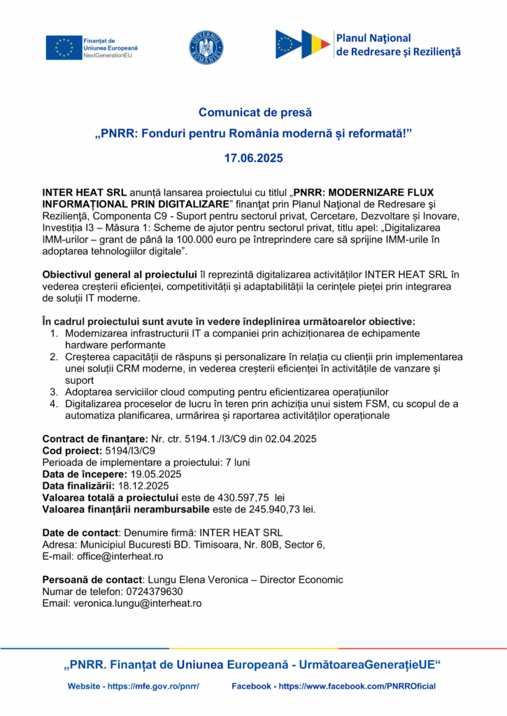 Comunicat de presă în limba română de la INTER HEAT SRL despre proiectul de digitalizare “Test Product 1 Image Upload NU STERGE,” finanțat prin PNRR, datat 17 iunie 2025.