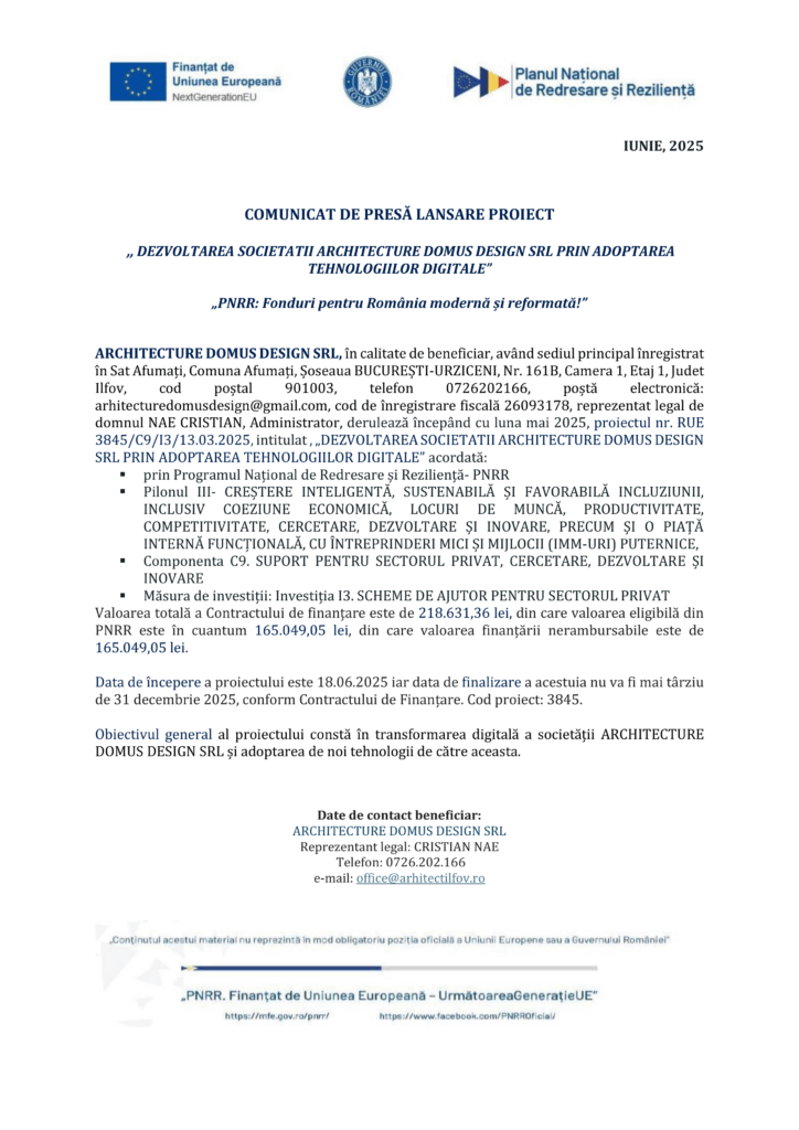 Un comunicat de presă românesc cu siglele UE și Planul Național de Redresare și Reziliență, informații despre lansarea produsului de testare 1 Image Upload NU STERGE de către o firmă de arhitectură, plus detalii de contact în partea de jos.