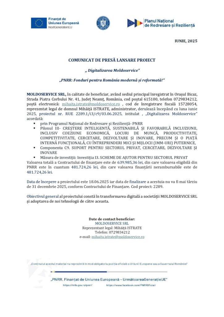 Comunicat de presă oficial care detaliază proiectul „Digitalizarea Moldovservice”, cu anteturi, text, logo-uri și informații de contact pe fundal alb.