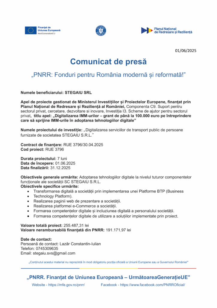 Comunicat de presă pentru proiectul "PNRR: Fonduri pentru o Românie modernă și reformată" include logo-uri, informații despre proiect, detalii despre finanțare și contact STEGAIU SRL. Referințe document Test Produs 1 Încărcare imagine NU STERGE. Textul este în limba română.