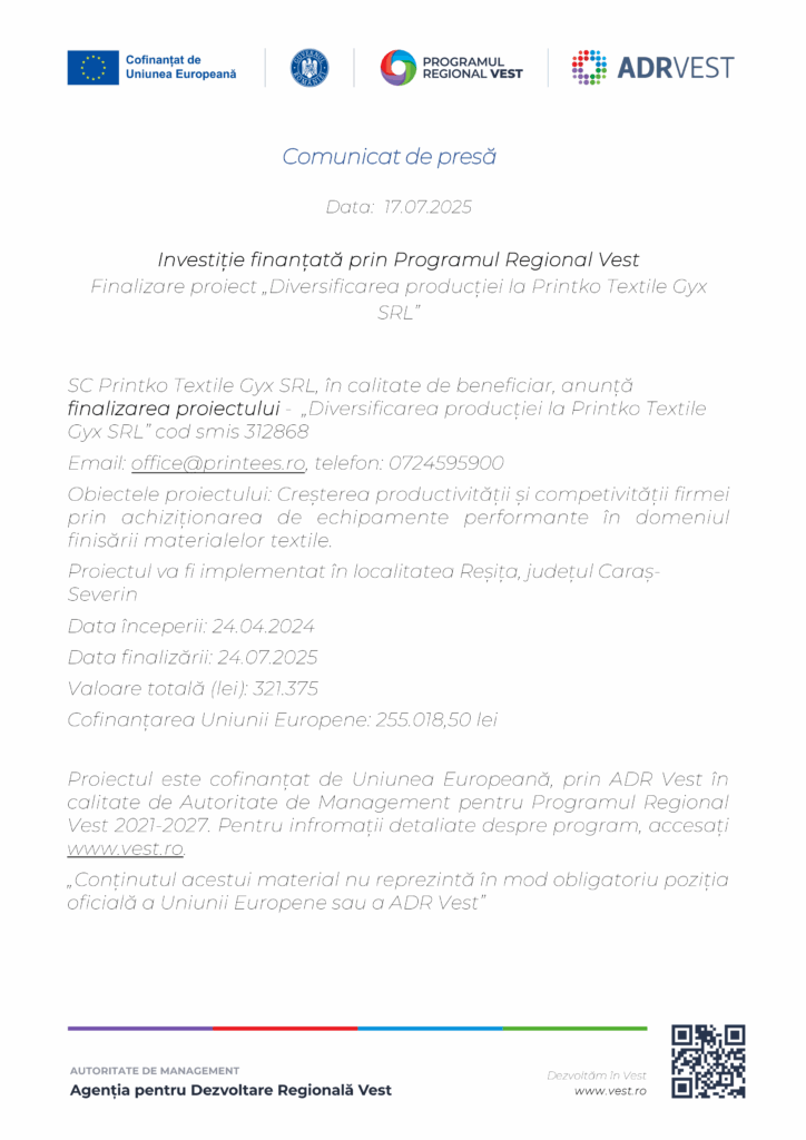 Un comunicat de presă românesc pe antet oficial anunță finalizarea proiectului finanțat de UE "Test Product 1 Image Upload NU STERGE", detaliind obiectivele, informațiile despre grant, calendarul, contactele și afișând logo-urile UE, Programul Regional Vest și ADR Vest.
