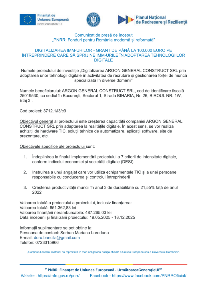 Un comunicat de presă românesc despre un grant pentru IMM-uri în vederea adoptării tehnologiei digitale, cu Test Product 1 Image Upload NU STERGE, logo-urile Ministerului Finanțelor din România, UE, NRRP, detalii despre proiect și informații de contact.