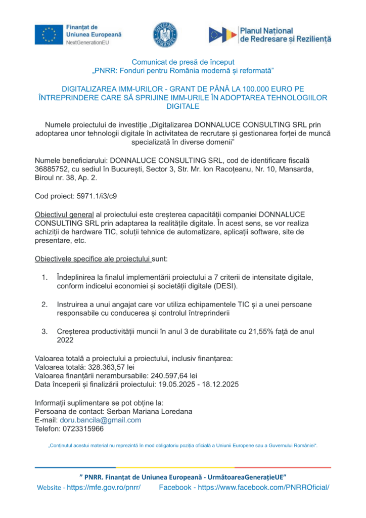 Un comunicat de presă românesc pentru Test Product 1 Image Upload NU STERGE prezintă logo-uri, informații de contact, detalii privind finanțarea, un rezumat al proiectului și un banner albastru în partea de jos care evidențiază sprijinul Uniunii Europene.