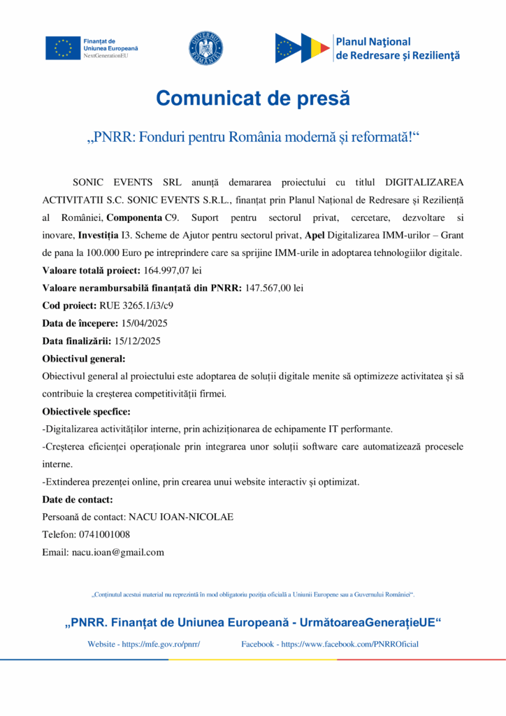 Comunicați în limba română, cu antete albastre și logo-uri oficiale, lansarea "Test Product 1 Image Upload NU STERGE" - un proiect de digitalizare finanțat prin Planul Național de Recuperare și Reziliență. Includeți valoarea grantului, obiectivele și rezultatele vizate.
