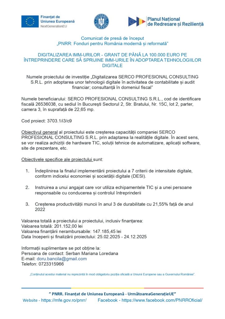 Comunicat de presă în limba română cu logo-uri în partea de sus, urmat de detalii despre proiectul de sprijin pentru digitalizare pentru IMM-uri, inclusiv numele proiectului, beneficiarul, valoarea, perioada de implementare și informații de contact în partea de jos.