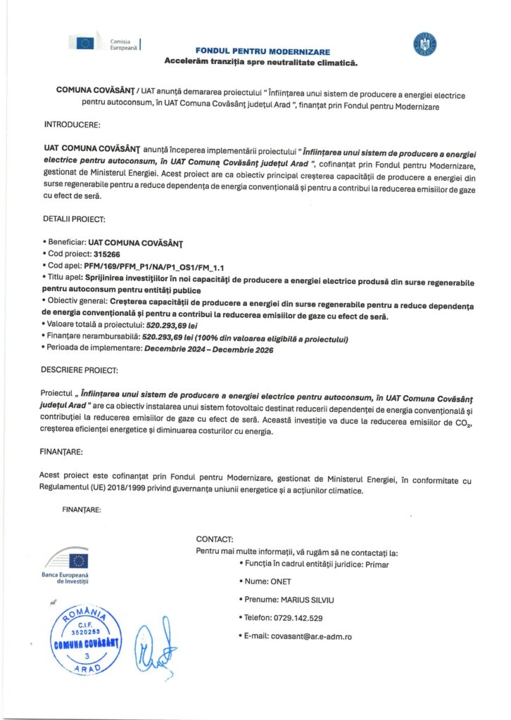 Un document oficial scanat în limba română care anunță un proiect de instalare a unui sistem fotovoltaic pentru a produce energie electrică pentru un autobuz electric în comuna Covăsânț, cu logo-uri, ștampile și detalii despre proiect.