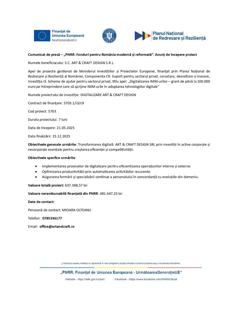 Comunicat de presă redactat în limba română, cu logo-urile Uniunii Europene, detalii despre proiectul DIGITALIZARE ART & CRAFT DESIGN, obiective și date de contact ale S.C. ART & CRAFT DESIGN SRL.