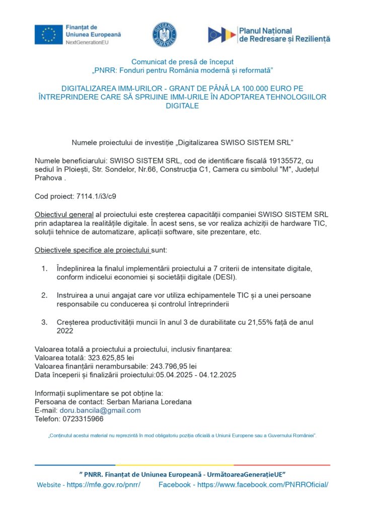 Un document de presă în limba română despre proiectul de digitalizare al SWISO SISTEM SRL, care detaliază obiectivele proiectului, rezultatele, finanțarea și informațiile de contact, cu logo-uri în partea de sus pentru organizațiile finanțatoare.