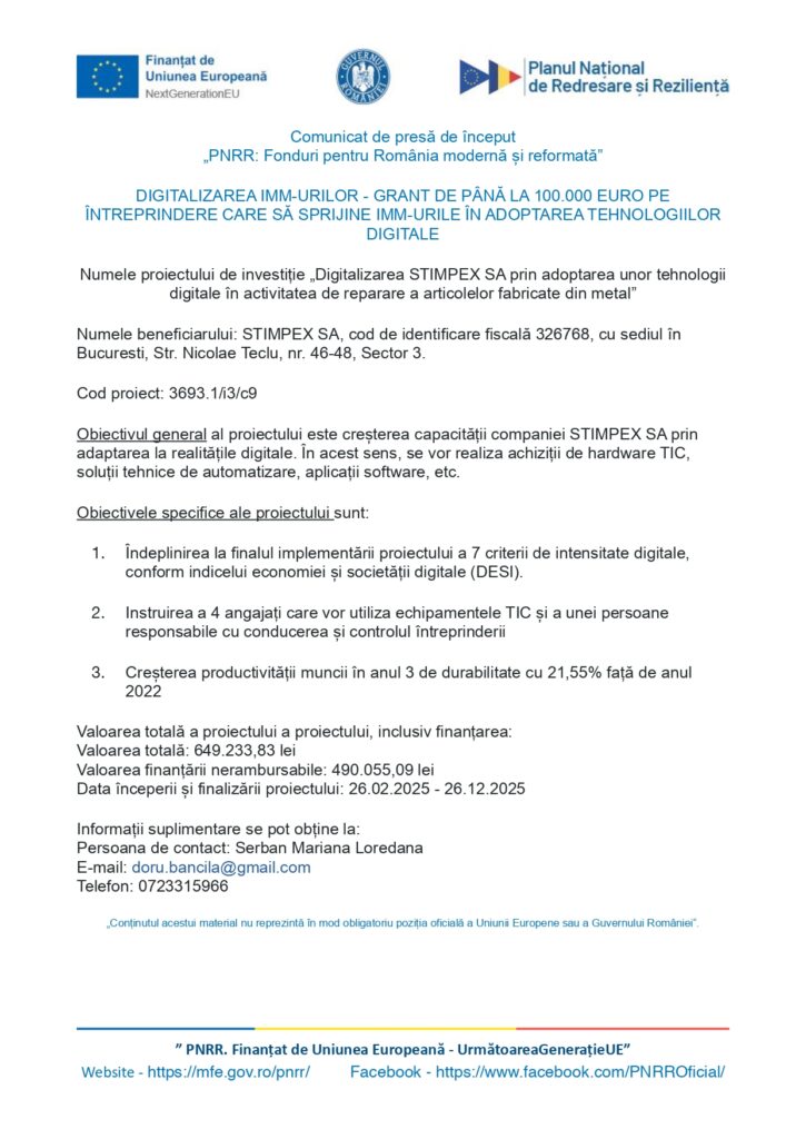Un comunicat de presă din România anunță un grant pentru un proiect de digitalizare al STIMPEX SA, cu logo-urile Ministerului de Finanțe din România și al UE, detalii de contact, codul proiectului și o listă de obiective și rezultate.