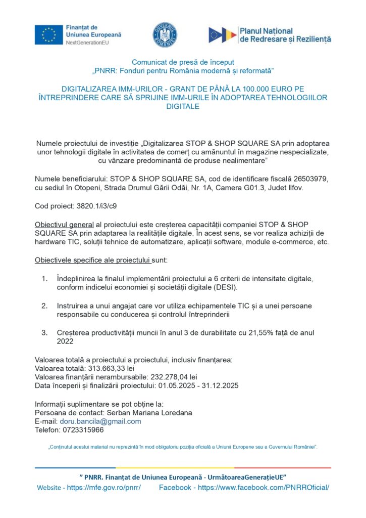 Un comunicat de presă în limba română despre un grant pentru digitalizarea IMM-urilor, cu detalii despre proiect, date financiare și informații de contact. Include logo-uri ale Ministerului Finanțelor din România, ale Uniunii Europene și ale planului de redresare.