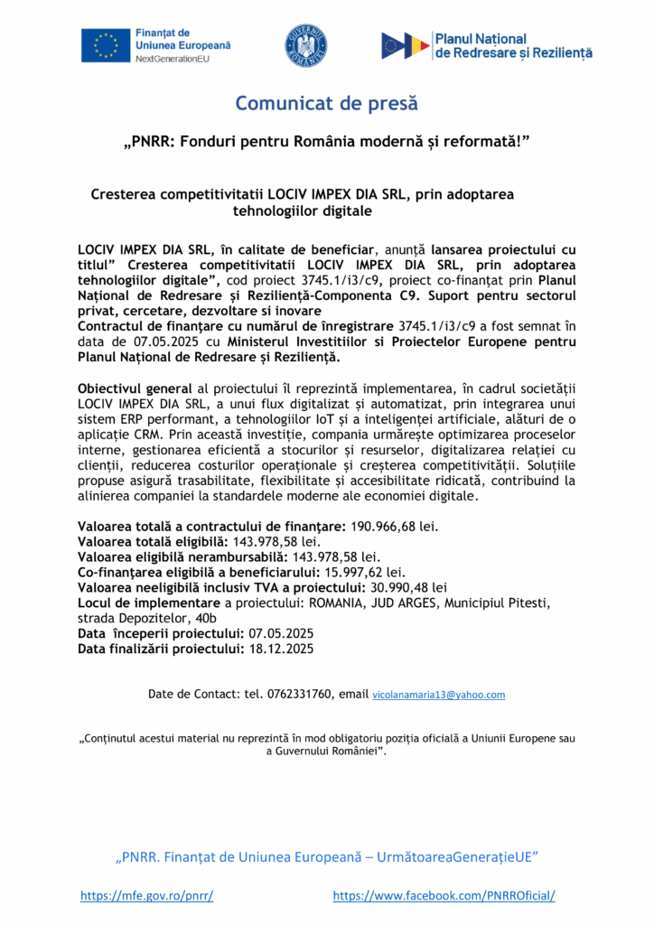 Un comunicat de presă românesc cu siglele UE și ale guvernului, intitulat "PNRR: Fonduri pentru România modernă și reformată!", anunță un grant Test Product 1 Image Upload NU STERGE pentru adoptarea tehnologiei digitale. Include informații despre proiect și contacte.