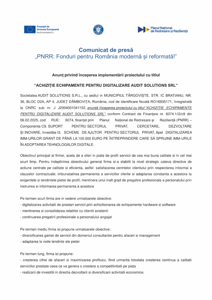 Un comunicat de presă românesc cu logo-uri, un titlu și câteva paragrafe anunță lansarea proiectului de achiziție a Test Product 1 Image Upload NU STERGE de către AUDIT SOLUTIONS SRL.