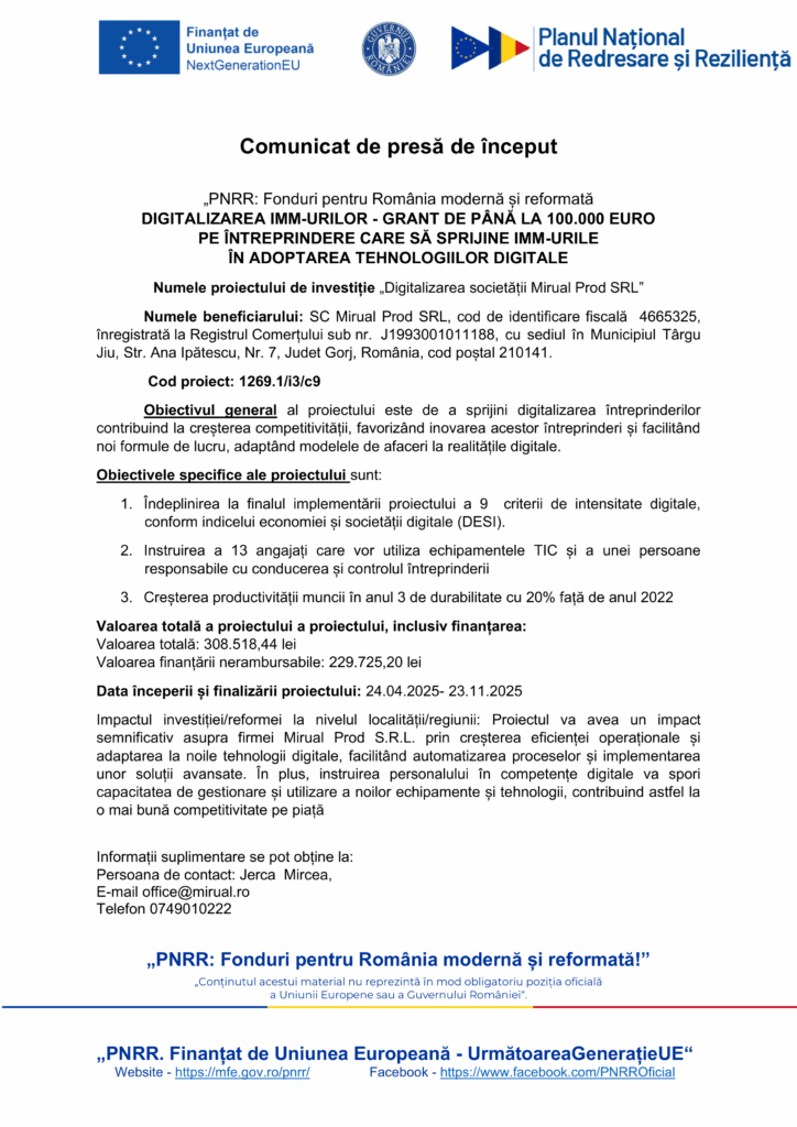 Comunicat de presă în limba română intitulat "Comunicat de presă de început", despre un grant pentru digitalizarea IMM-urilor pentru Test Product 1 Image Upload NU STERGE, cu detalii despre proiect, obiective, informații despre finanțare, logo-uri oficiale și detalii de contact la final.