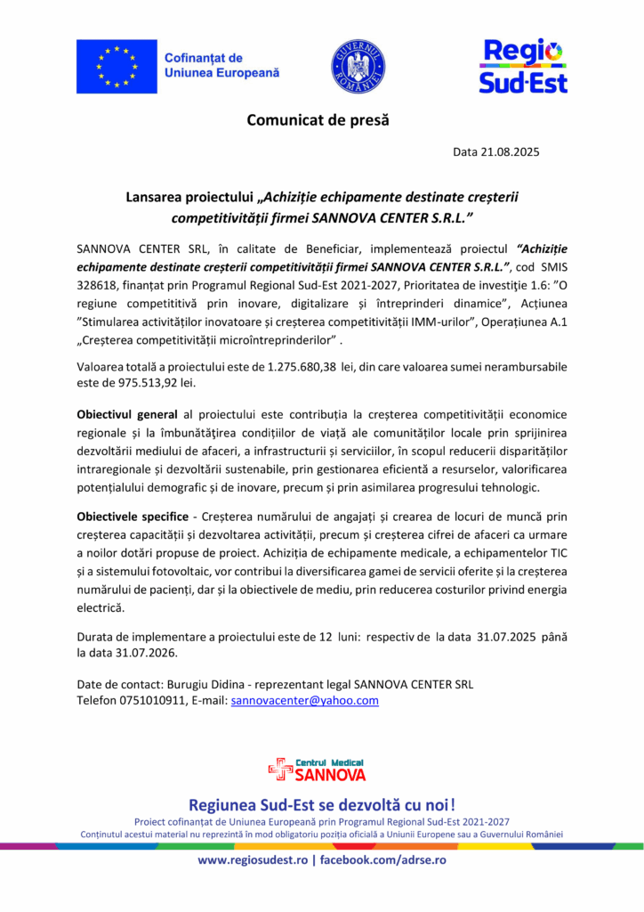 Un comunicat de presă românesc cu logo-urile UE și Dezvoltării Regionale în partea de sus anunță lansarea Test Product 1 Image Upload NU STERGE, un proiect al SANOVA CENTER SRL finanțat de UE pentru a stimula competitivitatea întreprinderilor.