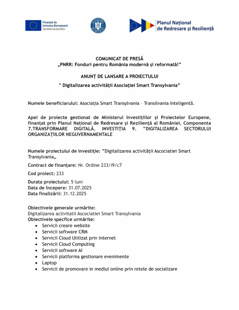 Un comunicat de presă românesc prezintă lansarea Test Product 1 Image Upload NU STERGE, detaliind obiectivele proiectului, sursele de finanțare, rezultatele vizate și incluzând logo-urile oficiale și datele de contact.