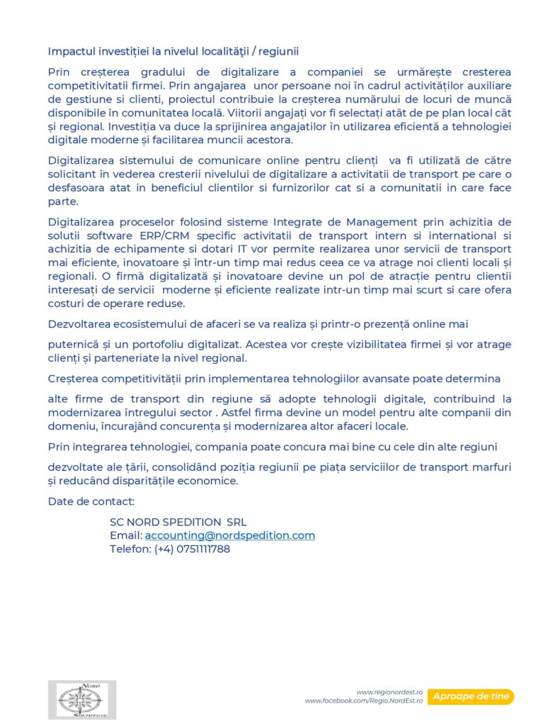Un document în limba română cu un text în care se discută despre impactul investițiilor la nivel local și regional, digitalizarea și îmbunătățirea eficienței în companii. În partea de jos conține logo-uri pentru "www.fonduri-structurale.ro", Facebook și "Aproape de tine".