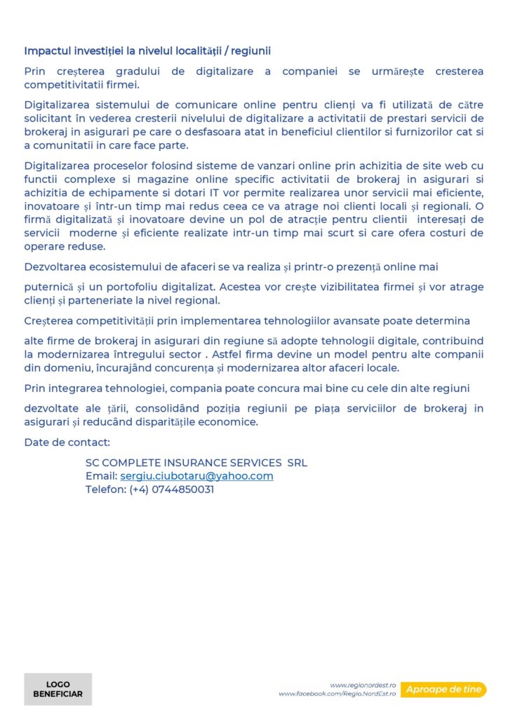 Un document digital &icirc;n limba rom&acirc;nă cu segmente de text evidențiate și un subsol care prezintă un logo, un link către site, un link către Facebook și un buton portocaliu de apel la acțiune. Corpul textului discută despre digitalizarea &icirc;n afaceri.