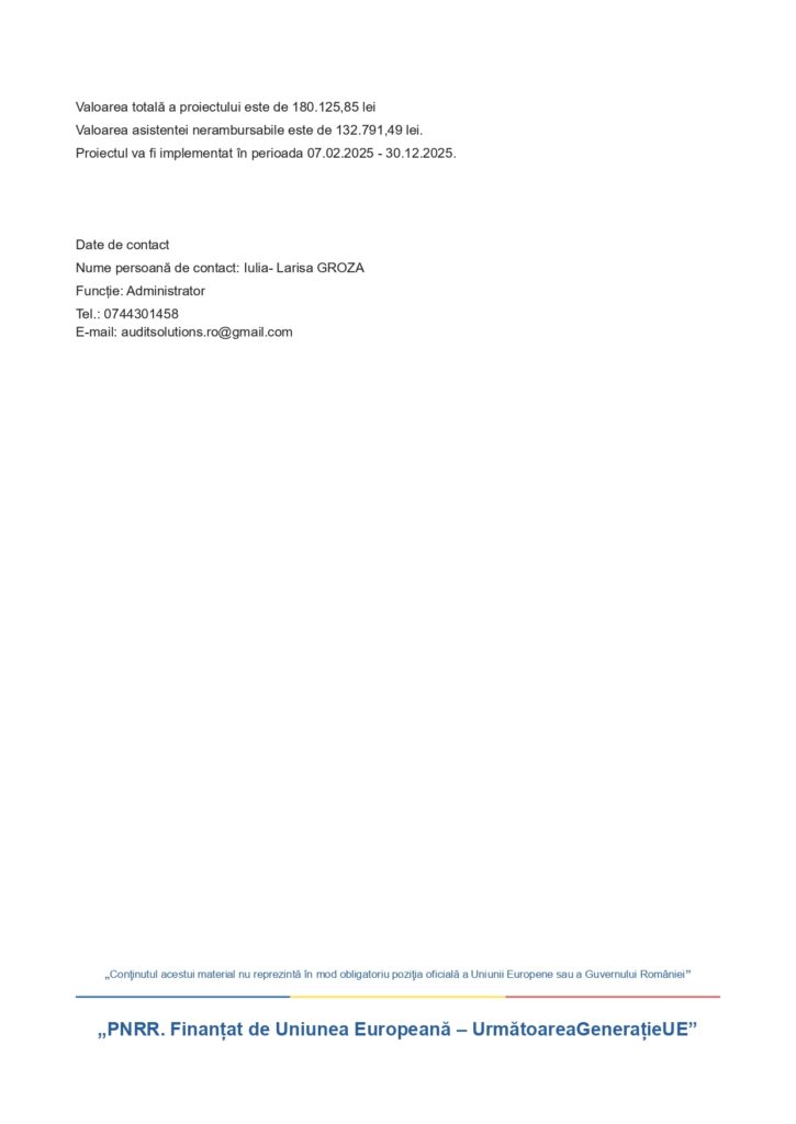 Un document în limba română care detaliază costurile proiectului, valoarea rambursării, datele de implementare și informațiile de contact, cu un subsol evidențiat în albastru despre finanțarea UE și o clauză de exonerare de răspundere materială.