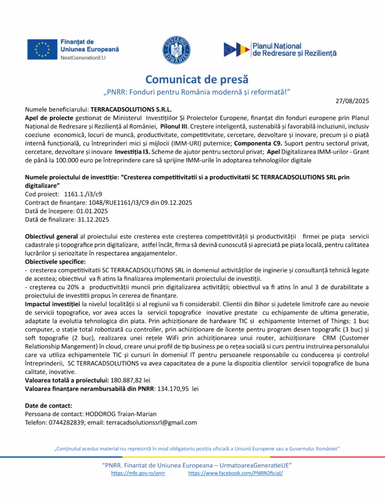 Un comunicat de presă românesc privind proiectul PNRR finanțat de UE pentru Test Product 1 Image Upload NU STERGE acoperă obiectivele, finanțarea, calendarul, rezultatele și include logo-uri oficiale și informații de contact.