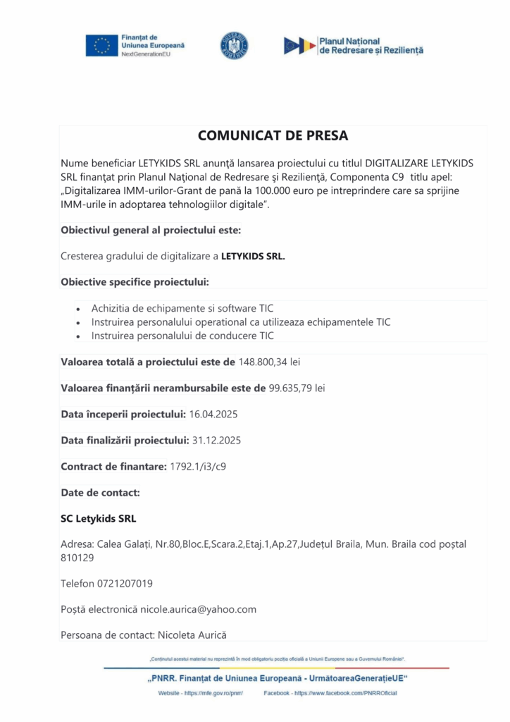 Comunicat de presă în română: LETYKIDS SRL primește finanțare pentru proiectul de digitalizare "Test Product 1 Image Upload NU STERGE"; include obiective, activități, sume implicate și date de contact jos. Siglele apar sus.