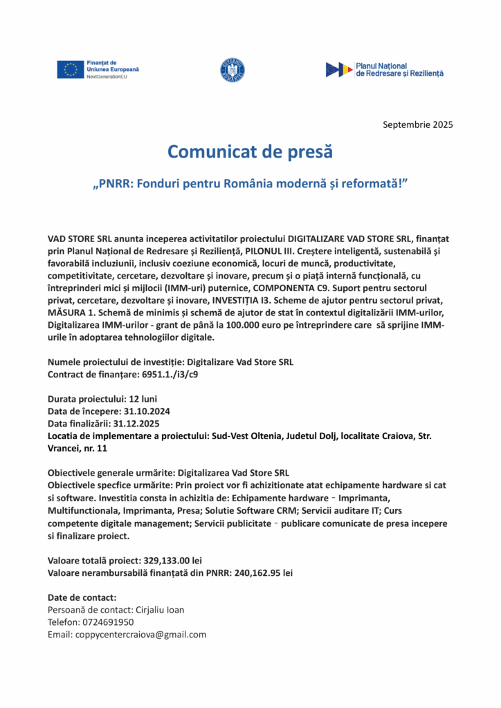 Un comunicat de presă românesc pentru Test Product 1 Image Upload NU STERGE prezintă logo-uri, titluri și text despre un proiect de digitalizare finanțat de UE pentru VAD Store SRL, cu detalii despre proiect, obiective și date financiare.