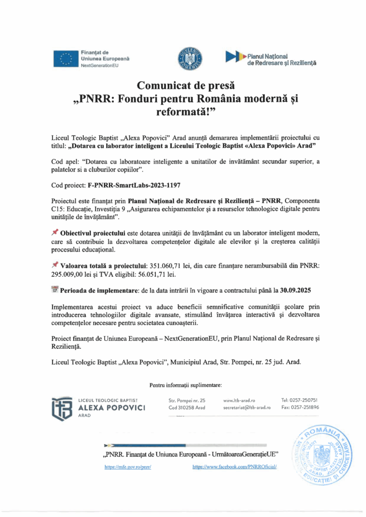 Un comunicat de presă românesc, marcat cu logo-uri, anunță proiectul Test Product 1 Image Upload NU STERGE pentru dotarea unui laborator la Liceul Teologic Baptist "Alexa Popovici" Arad, descriind finanțarea, obiectivele și calendarul de implementare.