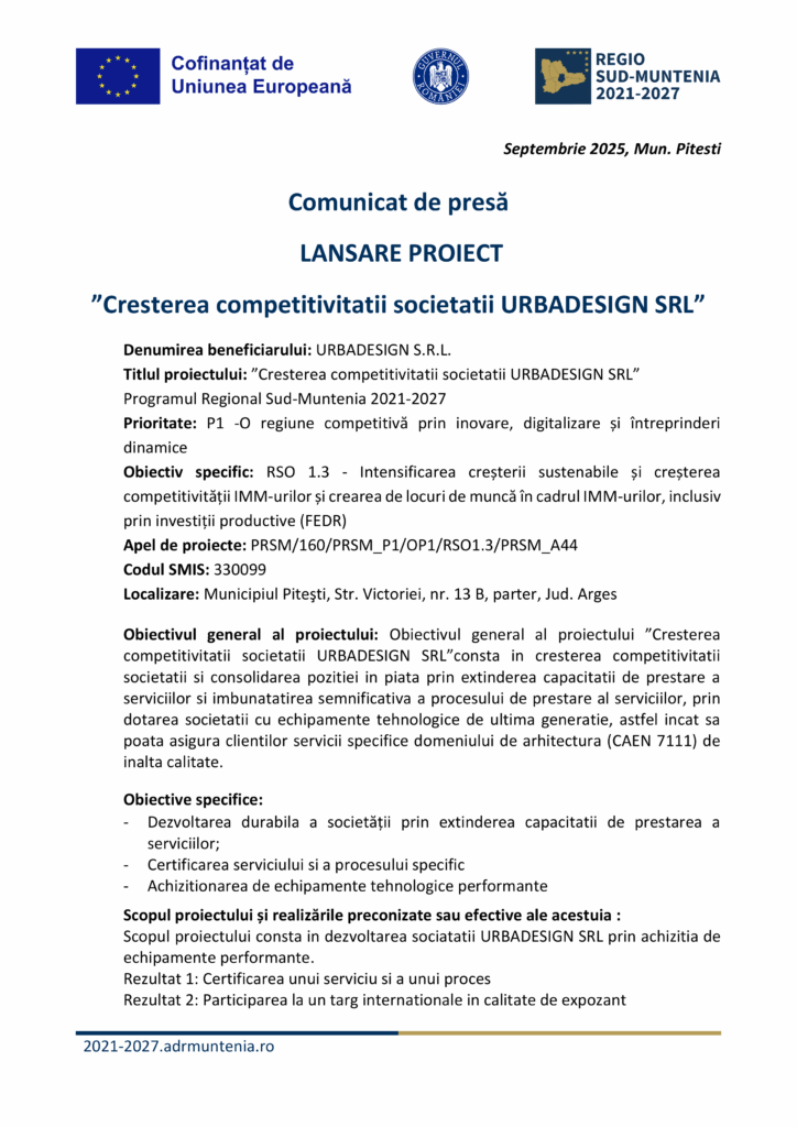 Un comunicat de presă românesc anunță lansarea "Test Product 1 Image Upload NU STERGE" pentru a stimula competitivitatea URBADESIGN SRL, detaliind obiectivele, finanțarea, contactele și afișând logo-urile programelor UE și regionale.