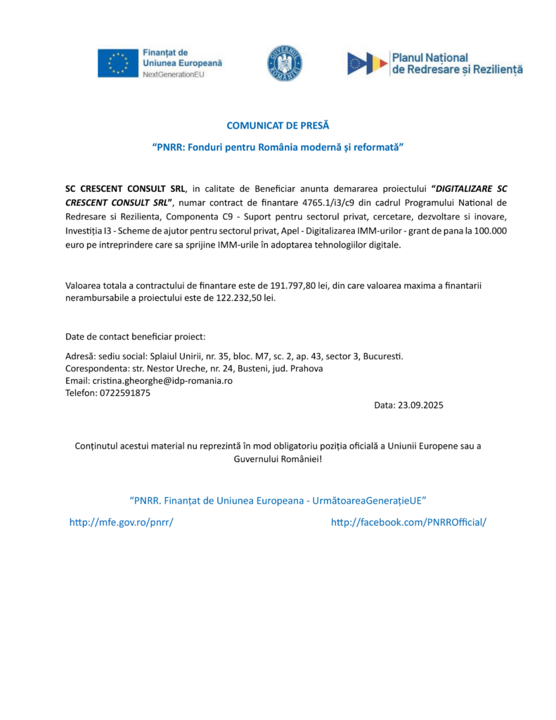 Un comunicat de presă al SC Crescent Consult SRL anunță proiectul "Test Product 1 Image Upload NU STERGE" finanțat prin Planul de Relansare al României, cu logo-uri, valoarea contractului, informații de contact și un cod QR într-un format formal de document.