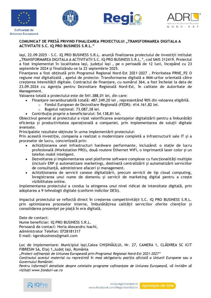 Comunicat de presă în limba română pe fond alb cu accente albastre și galbene, logo-uri în partea de sus și blocuri de text care descriu finalizarea unui proiect de transformare digitală de către S.C. IQ PRO BUSINESS S.R.L.