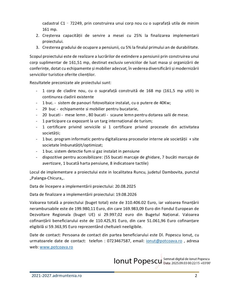 Un document &icirc;n limba rom&acirc;nă care detaliază extinderea unui azil de bătr&acirc;ni, inclusiv obiectivele proiectului, rezultatele, indicatorii tehnici și informațiile de contact. O semnătură digitală pentru Ionuț Popescu este vizibilă &icirc;n dreapta jos.