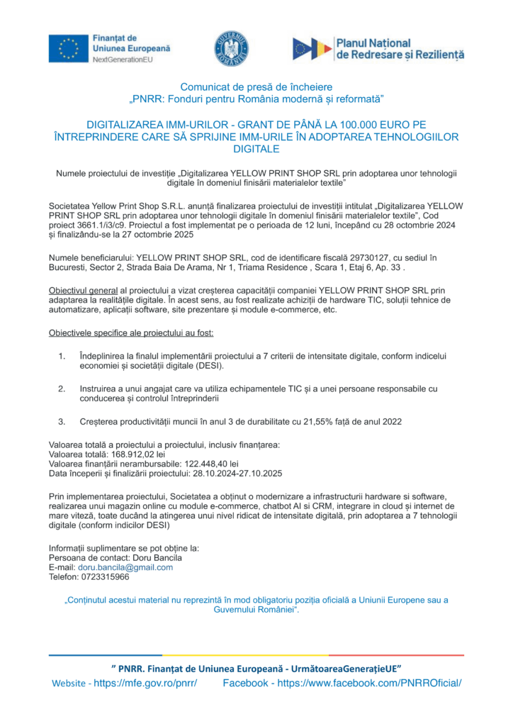 Un comunicat de presă românesc prezintă siglele UE, Guvernului României și "PNRR", cu titluri, puncte de reper și informații de contact despre un proiect de grant pentru digitalizare pentru Test Product 1 Image Upload NU STERGE.