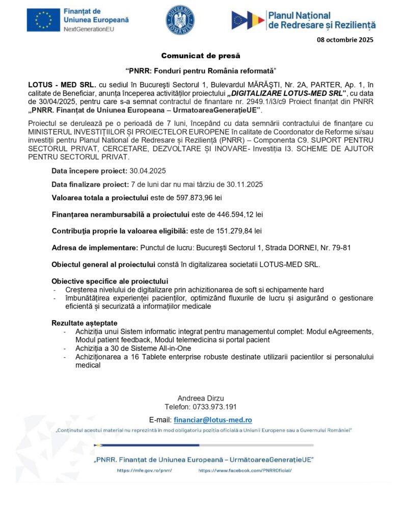 Un comunicat de presă din 8 octombrie 2025, cu logo-urile României și UE, privind aprobarea finanțării proiectului "DIGITALIZARE LOTUS-MED SRL" în cadrul PNRR, care detaliază obiectivele, calendarul și informațiile de contact.
