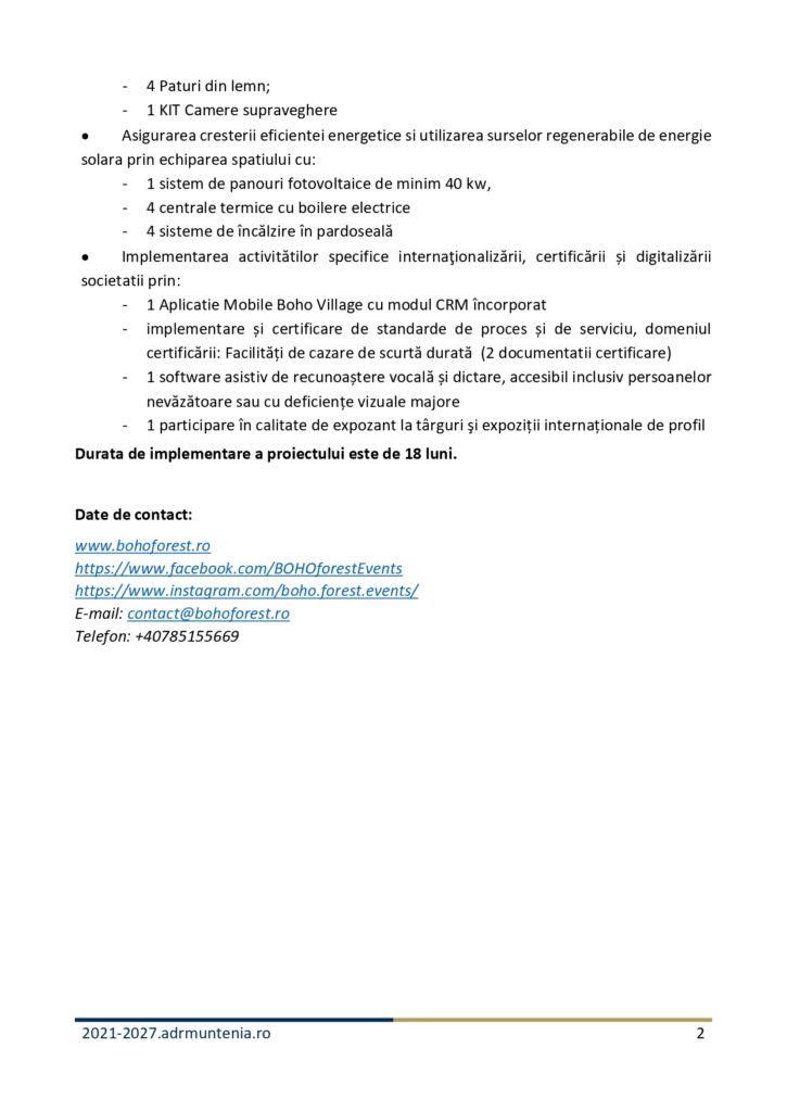 O pagină de document cu puncte care detaliază obiectivele proiectului și soluțiile energetice, inclusiv energia regenerabilă și integrarea CRM. Detaliile de contact și linkurile către rețelele de socializare sunt listate &icirc;n partea de jos a paginii.