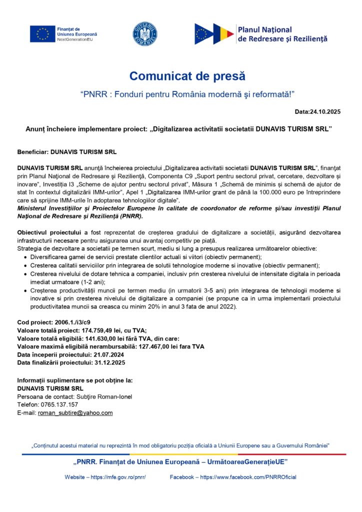 Un comunicat de presă românesc cu logo-urile UE în partea de sus, intitulat "Comunicat de presă", care anunță finalizarea proiectului de digitalizare a unei companii de turism, cu date financiare detaliate și informații de contact.