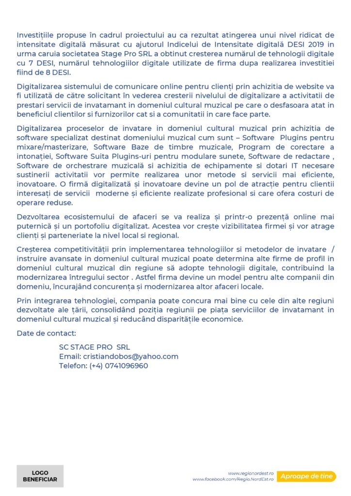 O pagină de text informativ &icirc;n limba rom&acirc;nă despre digitalizare și indexul DESI. Secțiunea inferioară afișează un logo galben etichetat "LOGO BENEFICIAR", detalii de contact și pictograme pentru rețelele sociale.