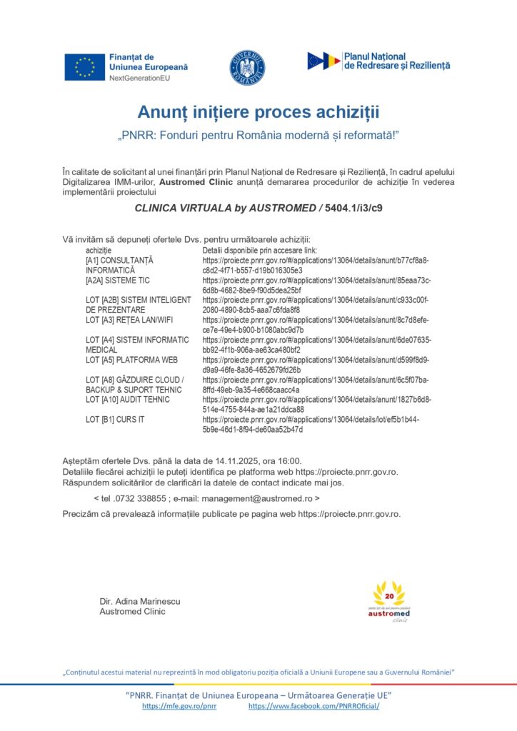 Un document rom&acirc;nesc intitulat "Anunț inițiere proces achiziții" afișează logo-uri oficiale, detalii despre proiect, termene limită și link-uri despre un proces de achiziție de către CLINICA VIRTUALĂ BY AUSTROMED, finanțat de PNRR și UE.