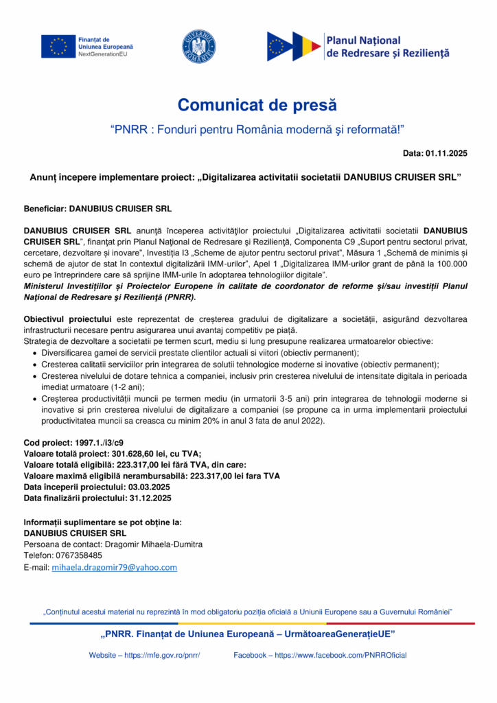 Un comunicat de presă românesc pentru proiectul de digitalizare "Test Product 1 Image Upload NU STERGE" al DANUBIUS CRUISER SRL prezintă logo-uri UE și guvernamentale, detalii tehnice și informații de contact pe un fundal alb.