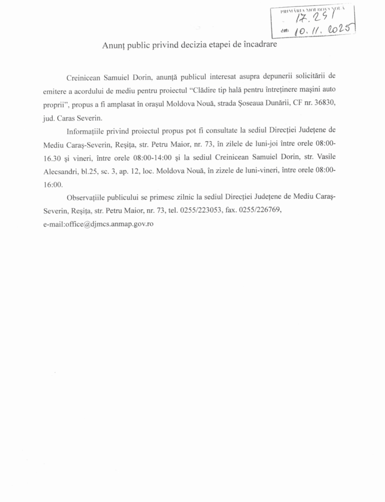 Un anunț public românesc pentru aprobarea Test Product 1 Image Upload NU STERGE include informații de contact, orele de program pentru întrebări și este ștampilat și semnat în partea dreaptă sus cu o dată scrisă de mână: 10.11.2023.