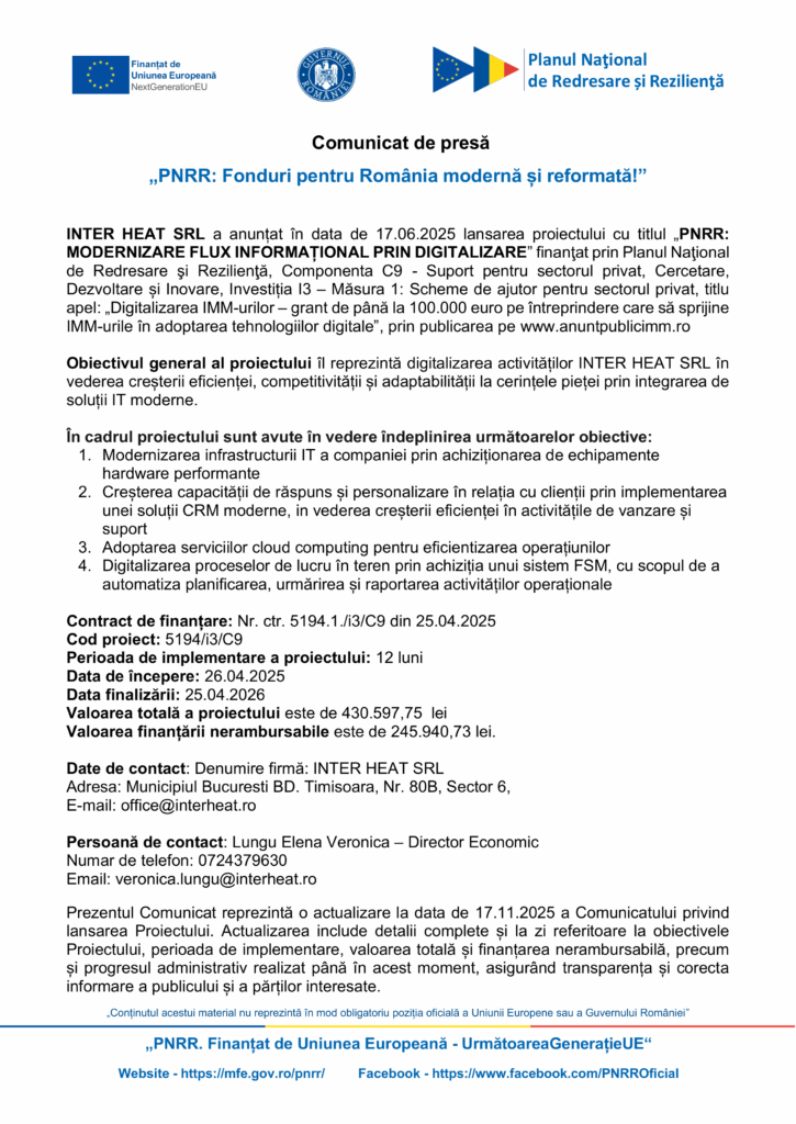 Un comunicat de presă românesc cu logo-uri și text anunță finanțarea pentru INTER HEAT SRL din Planul Național de Recuperare și Reziliență pentru digitalizarea fluxurilor de lucru, cu "Test Product 1 Image Upload NU STERGE" și informații de contact în partea de jos.