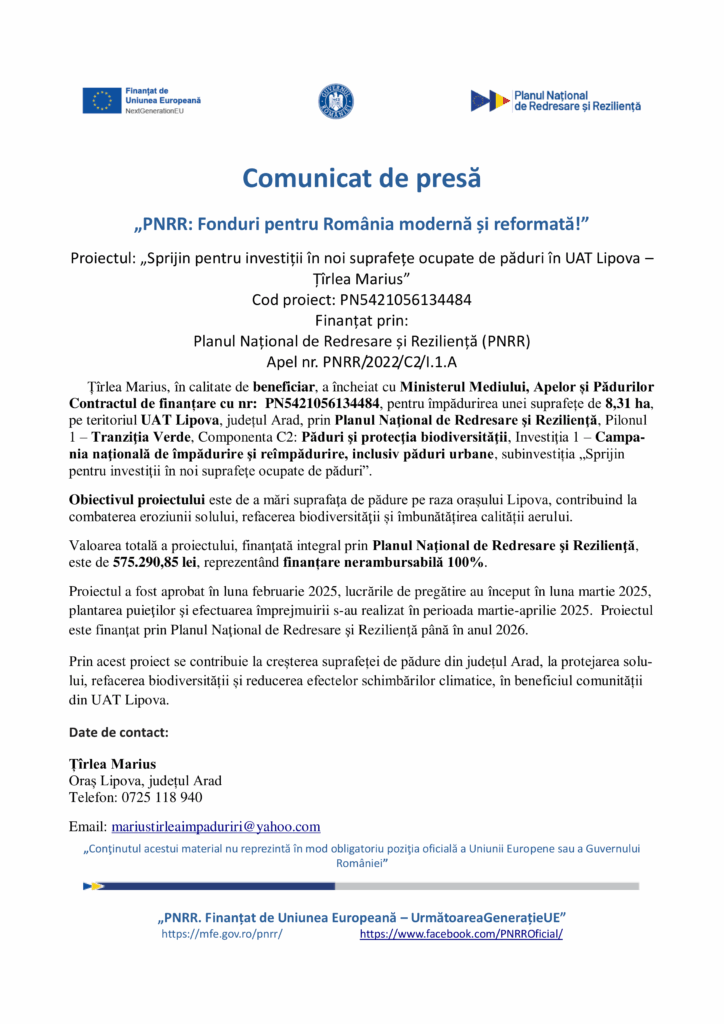 Comunicat de presă în limba română despre Test Product 1 Image Upload NU STERGE, referitor la sprijinul investițiilor pe terenuri neutilizate din UAT Lipova. Include logo-uri, detalii de proiect, obiective, date de contact și sursa finanțării.